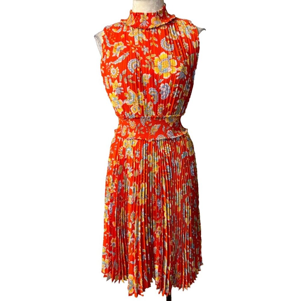 Nanette Lepore Dress 4 Pleat Mock Neck Smocked Red Orange Yellow Floral Washable - Picture 3 of 9